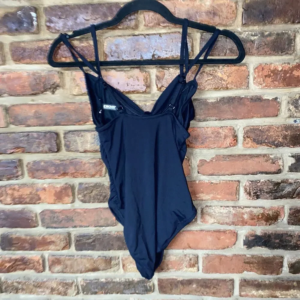 DKNY Black Bow Front One-Piece Ruched Swim Bathing Suit Women's Sie Small - Picture 4 of 5